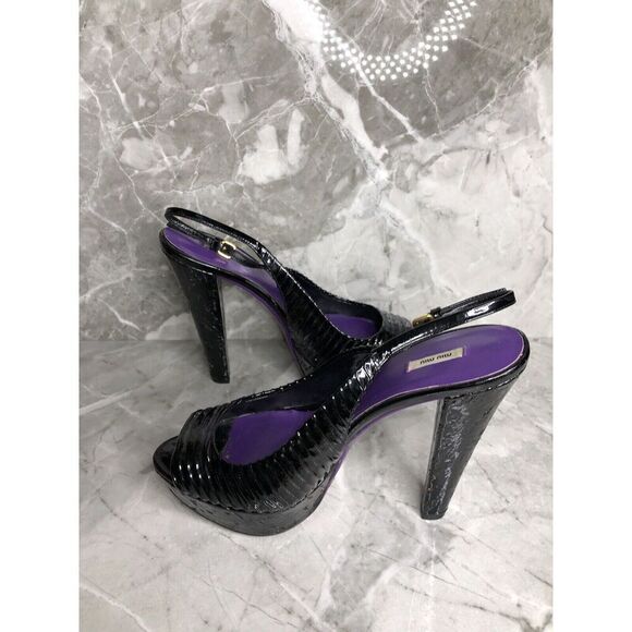 MIU MIU Black Patent Leather Peep Ankle Strap Platform Stiletto Heels Women 38.5 - Picture 6 of 16